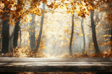 Wall Mural - Mock-up of an empty wooden table with autumn leaves for a catering or food background with a country outdoor theme.