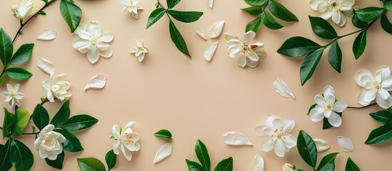 Aufkleber - Flat lay composition featuring fragrant jasmine flowers and verdant leaves on a neutral beige backdrop accompanied by ample copy space image