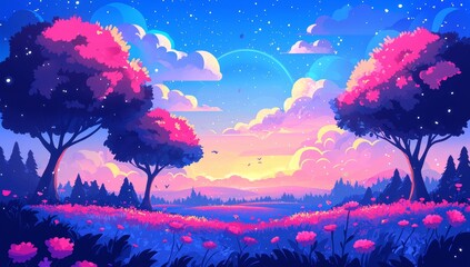 Poster - 3D illustration of an evening on a blooming meadow with trees and shrubs under a pink cloudy sky