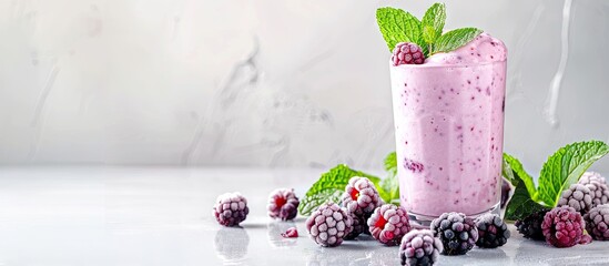 Aufkleber - Mulberry concoction with fresh berries and mint in a portioned glass on a white kitchen table with copy space image