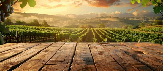 Poster - A wooden table provides a blank background featuring a vineyard landscape in a winery offering ample copy space for displaying wine products against the picturesque vineyard backdrop