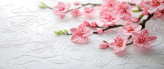 Aufkleber - Background with cherry blossoms on a modern background. Template for a Mother's Day card. Wedding elements. Icons of flowers in pink.