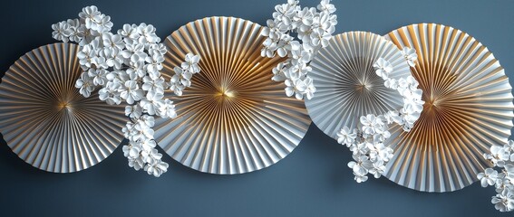 Aufkleber - Pattern with cherry blossoms, bonsai, fans, and waves.