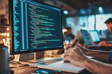 Leinwandbilder - A professional developer works on a website while taking part in a meeting and programming a software application.
