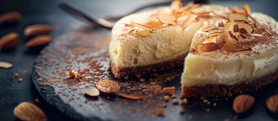 Poster - A delicious cheesecake adorned with scattered almond flakes displayed in a tantalizing arrangement with copy space image