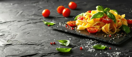 Sticker - View a side angle of Italian Bolognese pasta garnished with basil and tomatoes against a graphite backdrop with room for a copy space image