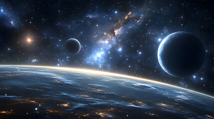 Wall Mural - A distant planet viewed from space with a nebula and multiple stars in the background.