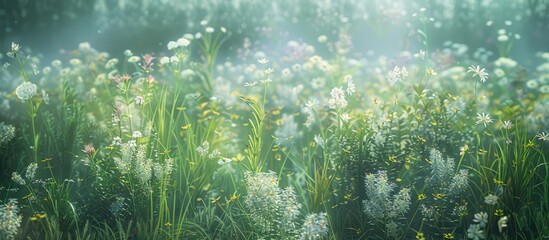 Poster - Summer nature with blooming white flowers in wild meadows mixed with grasses and wildflowers under sunlight forms a vibrant meadow of medicinal herbs and flowering plants It s a summer floral backdro