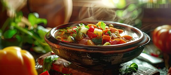 Wall Mural - Bowl of delicious vegetable soup with copy space image