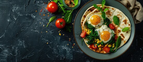 Canvas Print - Top view copy space image of a trendy Mexican breakfast with pita bread cheese tomatoes and spinach served on lavash showcasing delicious flavors