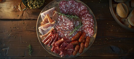 Poster - A rustic top view image with a copy space background featuring a fresh assortment of salami prosciutto sausage and coppa on an appetizer plate