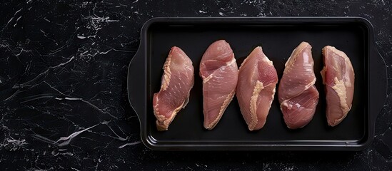 Poster - A steel tray holds raw chicken breast fillet steaks with a black background seen from above with space for text or image. Creative banner. Copyspace image