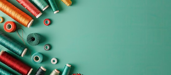 Poster - Top view of sewing accessories and threads arranged on a green background leaving room for a copy space image