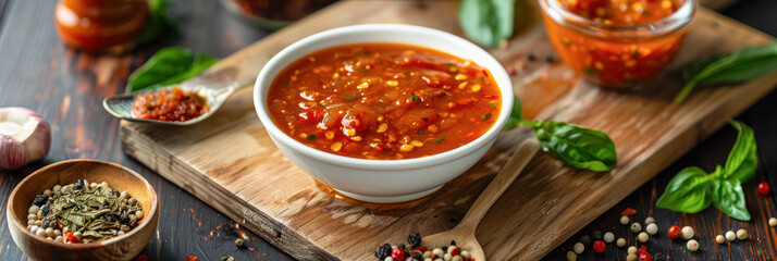 Wall Mural - A vibrant bowl of chili sauce surrounded by fresh ingredients and spices on a wooden board, ready to enhance any meal with its rich flavors.