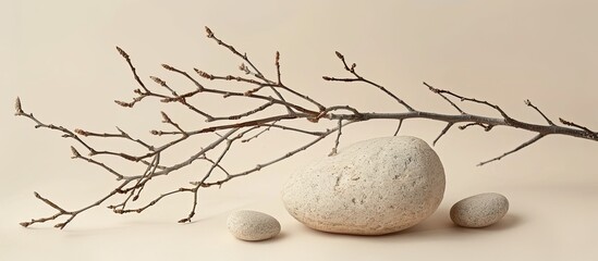 Wall Mural - Stone and dry branches in a natural setting on a beige background ideal for beauty products branding with room for text or images. Creative banner. Copyspace image