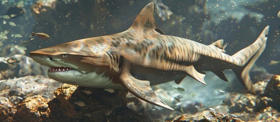 Poster - A sand tiger shark with copy space image glides through the water near rocks heading towards smaller fish in the background