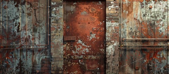 Aufkleber - A textured wallpaper with an industrial theme showcases a close up image of an old rusty garage gate in an abandoned warehouse setting offering ample copy space