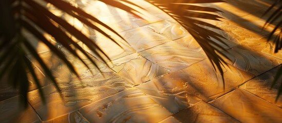 Poster - Morning sun creates a shadow of leaf on floor tiles with palm branches offering a high quality photo with copy space image