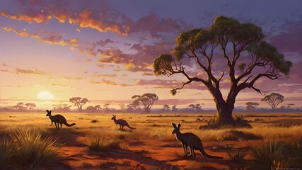 Wall Mural - A vibrant pixel art landscape depicting the vast and wild expanse of the Australian savanna at sunset