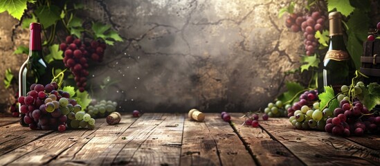 Poster - Vintage wooden table with white and red wine grape bunches and copy space image