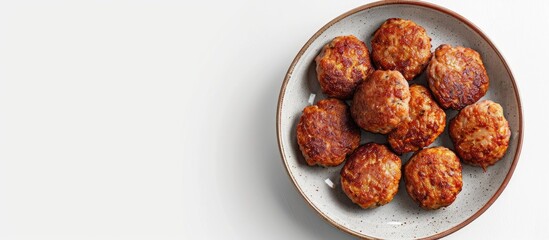 Poster - A rustic plate with fried pork and beef meat cutlets or patties on a white background viewed from the top with copy space image