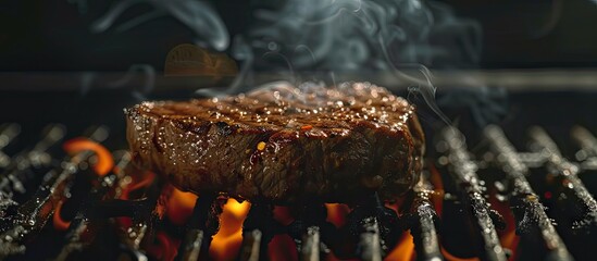 Canvas Print - Beef steak sizzling on a grill in a close up shot with ample copy space image available