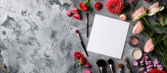 Poster - A blank card displayed with makeup items and flowers on a textured grey background all set against a stylish backdrop with ample copy space image