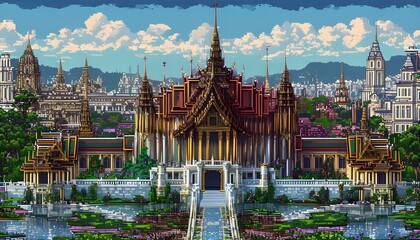 Wall Mural - A pixel art landscape showcasing The Grand Palace with a focus on its opulent architecture