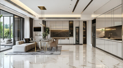 A luxury large modern kitchen with white marble, seamlessly integrated with the dining and living rooms. --ar 16:9 --v 6.1 Job ID: c13da0c5-bf8d-44e1-b446-bc8517f70189