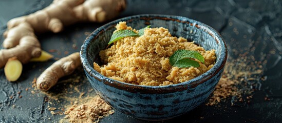 Poster - Adrak paste in a bowl with fresh ginger on moody background with selective focus copy space image