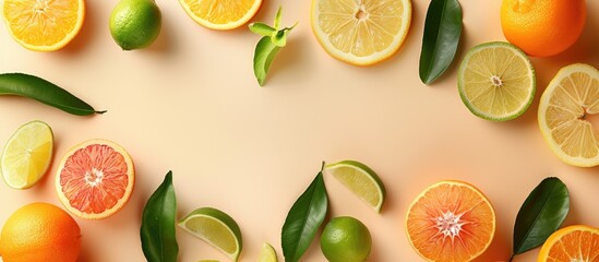 Poster - A trendy food concept featuring summer citrus fruits like orange tangerine lemon and lime on a pastel beige background with copy space image ideal for creative displays