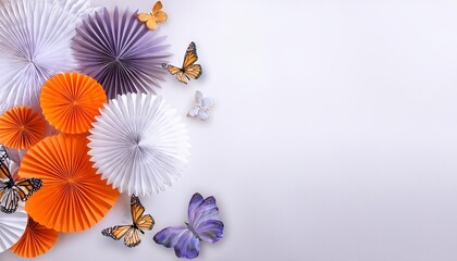 Poster - abstract background paper art with white orange and purple flowers on a white background with butterflies light orange and dark gray