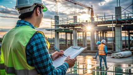 Poster - engineers are standing survey work on construction