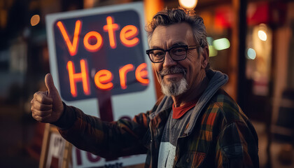 A man is giving a thumbs up to a sign that says 