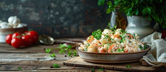 Poster - An appetizing meal with creamy crab stick stuffing and fresh cream cheese arranged on a rustic table with a clear copy space image in the background