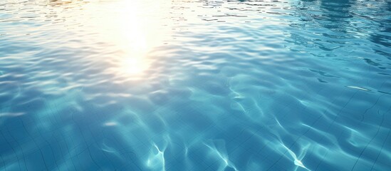 Poster - Blue swimming pool pattern with sun reflection on the water surface provides a serene copy space image