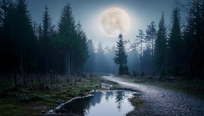 Wall Mural - footpath in the dark foggy mysterious forest full moon on the sky with reflection in the puddle on trail at spruce mystery night forest halloween backdrop