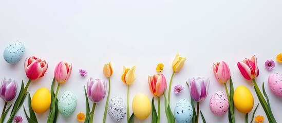 Aufkleber - Copy space image featuring vibrant tulips and eggs against a white backdrop embodying the essence of Spring and Easter celebrations