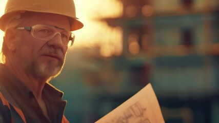 Poster - Senior engineer holding blueprints at a construction site during sunset. Concept of experienced leadership and construction project management in industrial settings 