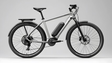 sleek silver electric bicycle, urban commuter e-bike, disc brakes, front suspension fork, rear rack, integrated battery, wide tires, ergonomic handlebars, LED lights.