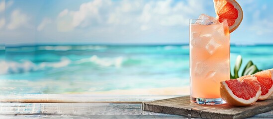 Poster - A refreshing grapefruit cocktail with ice presented on a weathered wooden board against a beach backdrop providing ample copy space for designs