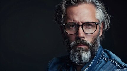 Canvas Print - A close-up portrait of a mature man with glasses, a beard, and stylish hair, exuding confidence and wisdom.