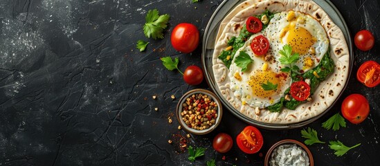 Canvas Print - Top view copy space image of a trendy Mexican breakfast with pita bread cheese tomatoes and spinach served on lavash showcasing delicious flavors