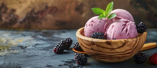 Aufkleber - A summer dessert showcasing blackberry ice cream in a rustic wooden bowl adorned with fresh berries a sprig of mint and a captivating copy space image