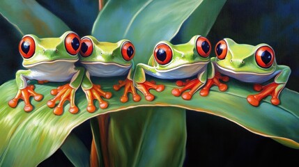 Four Red-Eyed Tree Frogs on a Leaf