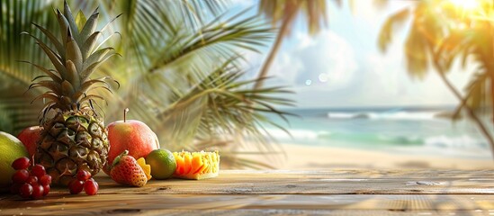 Sticker - Ideal for showcasing summer products on the table with a blurred sunny tropical beach as the copy space image