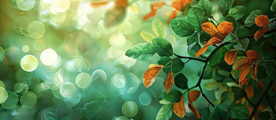 Sticker - Abstract background with blurry green and orange leaves providing copy space image