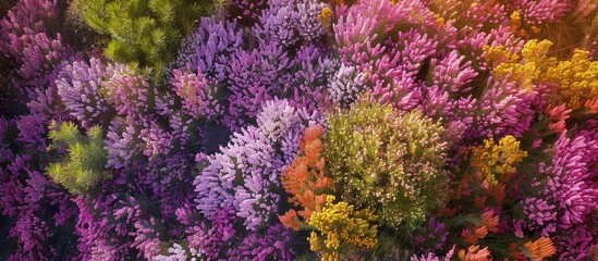 Fototapete - Bird s eye view of vibrant heather in a garden with copy space image