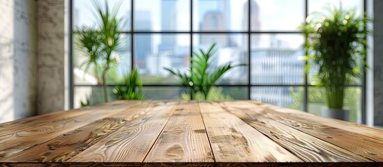 Fototapete - Wooden table in a modern office setting provides an ideal background for showcasing office products with a clear copy space image