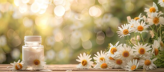 Poster - Herbal cosmetic skin care product and chamomile daisy flowers displayed on a wooden table providing an eco friendly beauty concept in a copy space image